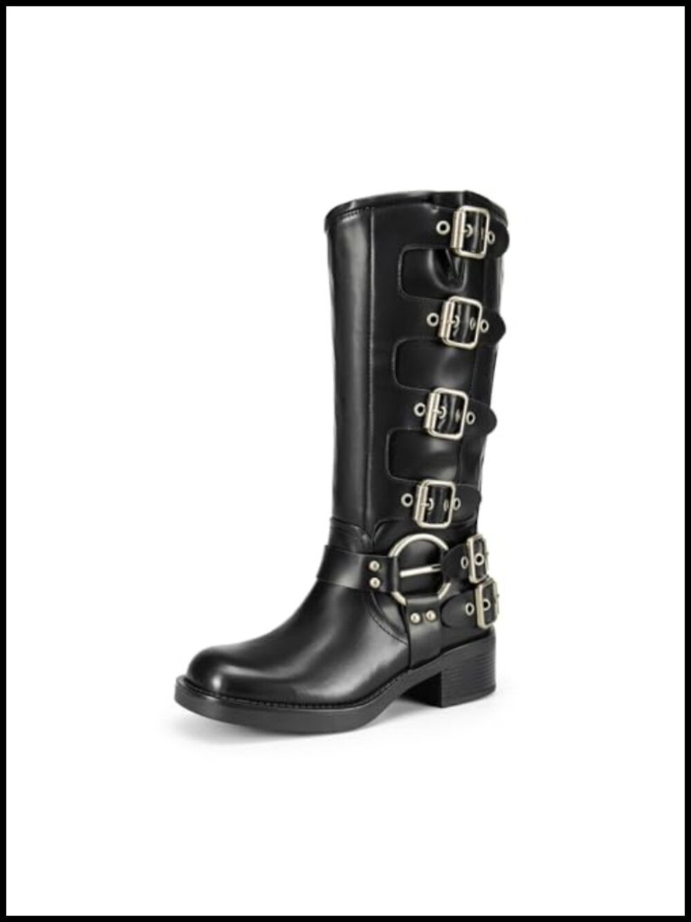 Women's Knee High Moto Boots Square Toe Block Heel Faux Leather